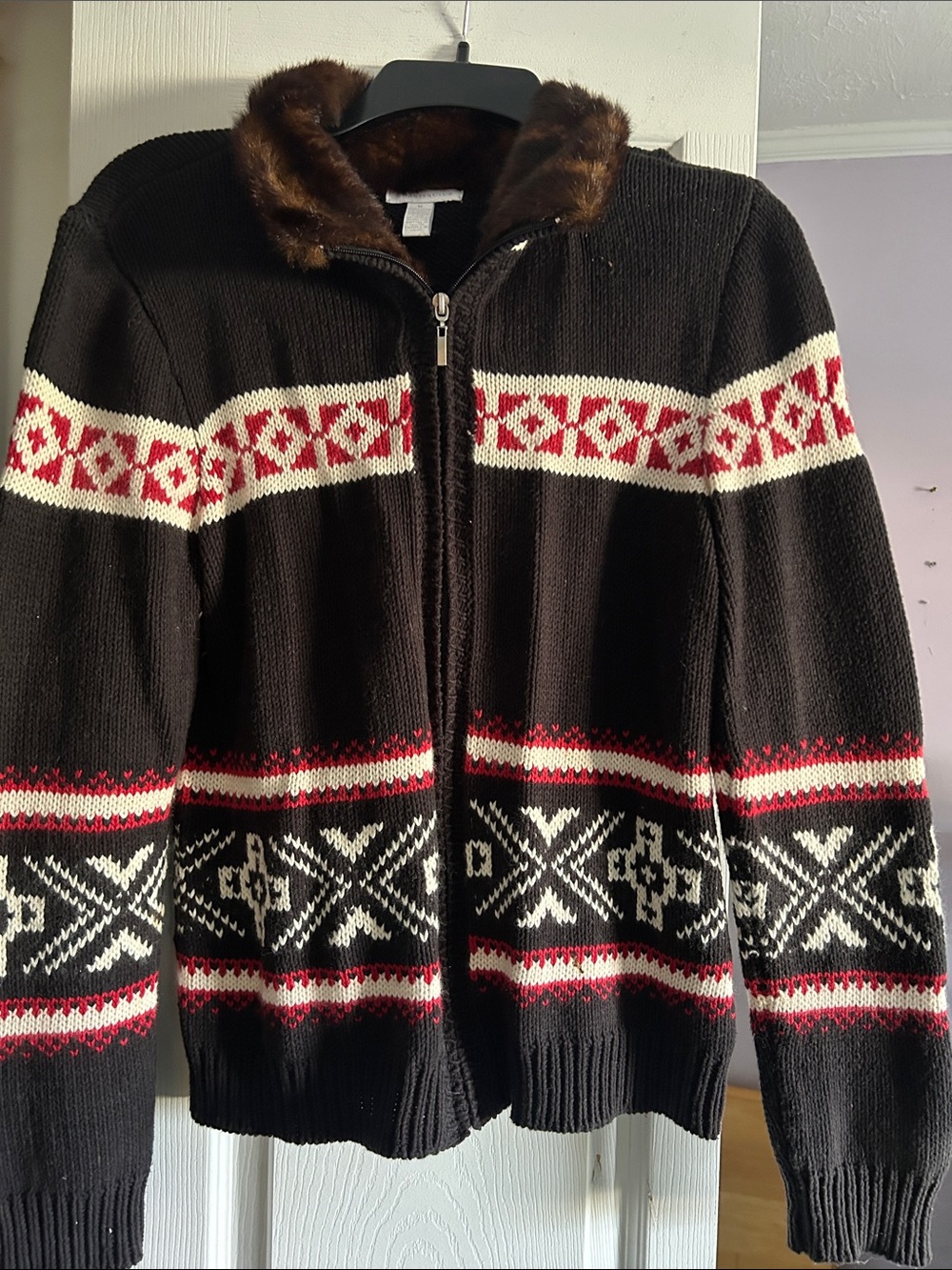 Charter Club Black Fair Isle Zip Cardigan with Faux Fur Collar